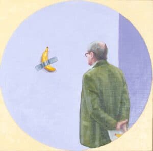 The Art Critic (Cattelan), oil on canvas, 12x12 inches, 2021 - Available at CK Contemporary, San Francisco, CA, USA - http://www.ckcontemporary.com