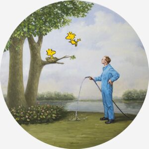 Twas a Lovely Day (a groundskeeper's tale), oil on panel, 24-inch round, 2019 - Collection of J J Abrams