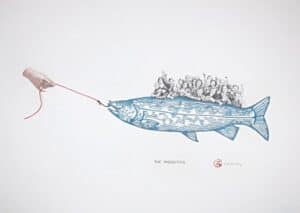 The Migration - Graphite, watercolour, thread, fishing hook on paper, 50x70 cm, 2010