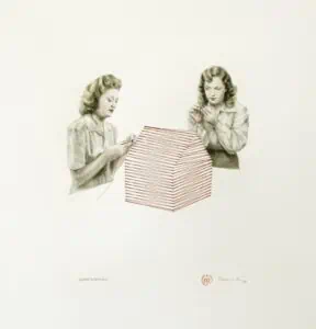 Homemaking - graphite, watercolour, thread on paper, 53x53 cm, 2013 - Private collection