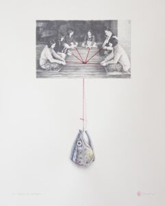 The Pursuit of Happiness - graphite, watercolour, thread, hook on paper, 50x70 cm, 2012 - Private collection